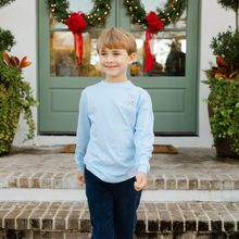 Load image into Gallery viewer, Everyday clothing will seem more festive with this Light Blue Long-sleeved tee with Christmas Labs. It is made from soft cotton which makes it perfect for staying warm and cozy during the holidays. The charming print adds personality and fun that makes it ideal for casual get togethers and holiday playdates or just lounging in style.