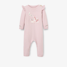 Load image into Gallery viewer, The Violet Unicorn Knit Jumpsuit Romper from Elegant Baby is the perfect outfit for your little one this fall. Made of soft knit material, it features a cute unicorn detail and ruffles, providing both comfort and style. Dress your infant in this cozy and elegant romper for any occasion. 