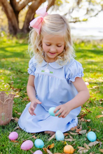 Load image into Gallery viewer, The Holly Day Dress in Beale Street Blue with Bunny Applique is an Easter essential that brings sweetness and festivity to any spring wardrobe. This adorable dress features a precious bunny detail and soft fabric that's perfect for celebrations, family gatherings, and sunny day play. A versatile favorite that's as comfortable as it is absolutely cute!