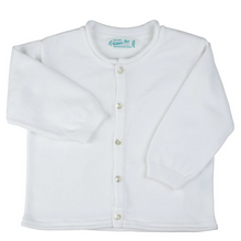 Load image into Gallery viewer, Meet an adorable knit cardigan, just right for keeping your little one warm while still looking fashionable and classy! This soft button down is cozy and cute, whether you go with the baby blue, pink or white. Features ribbed sleeve cuffs and rolled over edges along the neck and hem. Perfect for layering over an outfit for an extra bit of warmth, or as a beautiful top of its own!