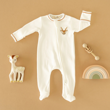 Load image into Gallery viewer, Dress your little one in the Luna & Arlo Buckhead Zipper Footie for unmatched comfort and style. Crafted from 100% luxurious Pima Cotton, this soft, breathable fabric keeps delicate skin happy all day long. The footie features a cozy fit that moves with your child, while the hand-embroidered buckhead adds a charming, artisanal detail. Perfect for playdates or bed time, this footie offers both comfort and a unique touch that stands out.