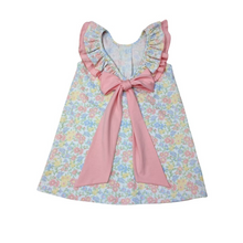 Load image into Gallery viewer, Get ready for spring with our Pastel Floral Dress with Back Bow from Delaney! This dress features a stunning pastel floral design, with a ruffle collar that wraps around to the back and connects with a delicate bow. Your little girl will look absolutely adorable in this dress, perfect for any occasion! 