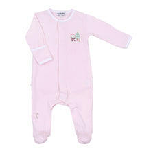 Load image into Gallery viewer, Get your little one ready for a cozy Christmas with our Sweet Little Christmas Pajamas! Featuring a festive Santa embellishment and adorable ruffle back, these pink footie pajamas from Magnolia Baby will keep your baby warm and stylish all night long. Perfect for a night of snuggles and holiday magic.