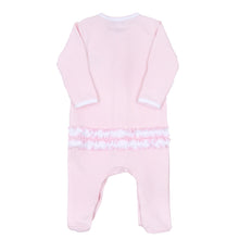 Load image into Gallery viewer, Get your little one ready for a cozy Christmas with our Sweet Little Christmas Pajamas! Featuring a festive Santa embellishment and adorable ruffle back, these pink footie pajamas from Magnolia Baby will keep your baby warm and stylish all night long. Perfect for a night of snuggles and holiday magic.