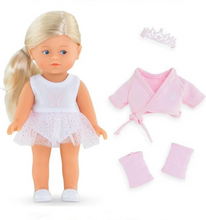 Load image into Gallery viewer, Meet Rosy, the pint-sized prima ballerina who's ready for her next grand performance! This charming 8-inch Corolle doll brings ballet dreams to life with her silky, combable blonde hair and graceful style. Rosy arrives dressed in an elegant tutu, complete with a tiara, cozy ballet sweater, leg warmers, and hair extensions for endless styling possibilities. Lightweight and perfectly portable, she's the ideal companion for imaginative play on the go. Recommended for ages 3 and up.