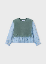 Load image into Gallery viewer, Layered elegance meets everyday versatility in this charming combination top from Mayoral. The sage green sweater vest drapes beautifully over a delicate floral print blouse, complete with adjustable side ties for a custom fit. Soft, quality construction makes it ideal for layering through the seasons—wear it to school, special occasions, or anywhere in between.