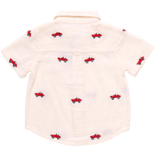 Load image into Gallery viewer, This soft muslin Vintage Car Embroidered Shirt from Blue Rooster is a must-have for boys who love classic cars. The button up design and classic collar add a touch of sophistication, while the embroidered cars bring a fun and unique element to this shirt. Perfect for any young car enthusiast! Pair with our Boys Jackson Short for a versatile look that works for school days, neighborhood games and a family outings alike. 
