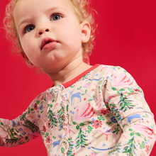 Load image into Gallery viewer, The Sugar Plum Dreams Long Sleeve Pajama Set makes bedtime effortless with a magnetized top that opens swiftly for easy, independent dressing. Crafted from durable modal fabric, these pajamas offer a silky soft feel and comfortable stretch. Featuring a charming and sophisticated Christmas holiday print, they combine style with sustainability for cozy nights.