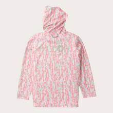 Load image into Gallery viewer, PRODOH Girls' Pro Performance Hoodie T-shirt in Geranium Pink Camo isn't just any hoodie—it's her go-to gear for all things outdoors. From fishing trips with Dad to beach walks with the fam, our Girls' Camo Performance Hoodie is built for big fun and serious sun protection. The lightweight fabric keeps her cool and dry (even after catching frogs or chasing waves), while the UPF 50+ rating gives you peace of mind under the sun. Just the cherry on top of a brand that's all about outdoor traditions a