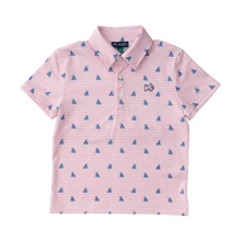 Load image into Gallery viewer, No matter the adventure, your boys will be ready in these fast-drying, UV-protective, boys' short-sleeve pro performance polo shirts in Pink Fishing Print. Our boys' polos keep moisture out with wicking technology, breathable fabric, and the signature vented back. PRODOH polo shirts are perfect for golf, tennis, country clubbing, or cruising the coast. 
UPF 50 95% Polyester 5% Lycra
100% Polyester Mesh Liner
Collar Interfacing for Structure
3 Button Placket/Extra Button Included
Vented Back
