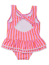 Load image into Gallery viewer, Explore the seaside with this vibrant and playful swimsuit with a skirt! Featuring a tie at the back neck and quick-snap domes, it's perfect for young adventurers. The sunset-inspired colors and cute mini pompoms add a touch of fun to this comfortable and easy-to-wear design. For infant and toddler girls by SnapperRock.