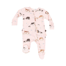 Load image into Gallery viewer, Introduce your little one to the world in style with our Infant Girls Ruffle Cow Families 2 Way Zipper Footie from Angel Dear. Made from 100% bamboo material, this footie features an adorable cow print on a soft pink background. The 2 way zipper makes changing time a breeze for busy parents. Adorable back ruffles are a sweet feminine touch. 