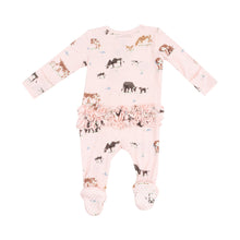 Load image into Gallery viewer, Introduce your little one to the world in style with our Infant Girls Ruffle Cow Families 2 Way Zipper Footie from Angel Dear. Made from 100% bamboo material, this footie features an adorable cow print on a soft pink background. The 2 way zipper makes changing time a breeze for busy parents. Adorable back ruffles are a sweet feminine touch. 
