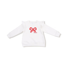 Load image into Gallery viewer, Celebrate the season in style with the Candy Canes Ruffle Shoulder French Terry Sweatshirt from Angel Dear. This cozy sweatshirt features charming ruffle details on the shoulders, adding a festive touch to your little one's wardrobe. Made from soft French terry fabric, it ensures comfort during holiday playtime. Pair it with the matching Candy Canes Tutu Skirt for an adorable and playful holiday outfit that will make your child the star of any celebration. 