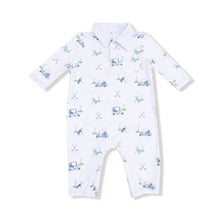 Load image into Gallery viewer, Dress your little one in comfort and style with the Baby Boy Golf Cart Polo Romper from Angel Dear. Made from soft, breathable 100% bamboo fabric, this long-sleeve romper keeps your baby cozy all day. The charming golf cart and things print adds a playful, classic touch that’s perfect for any occasion. Ideal for delicate infant skin, it combines adorable design with gentle care, making it a must-have wardrobe staple for your baby boy.