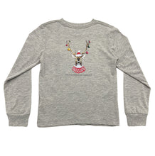 Load image into Gallery viewer, This Boys Christmas Ornament Deer Graphic Tee from Saltwater Boys combines comfort and style in a long-sleeve gray design perfect for toddlers to tweens. Crafted from soft knit fabric, it features a festive Christmas ornamented deer on the back along with a classic SWB logo and pocket on the front, making it an ideal choice for everyday wear this Holiday season!