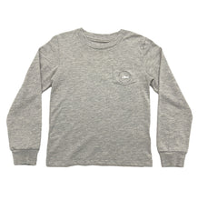 Load image into Gallery viewer, This Boys Christmas Ornament Deer Graphic Tee from Saltwater Boys combines comfort and style in a long-sleeve gray design perfect for toddlers to tweens. Crafted from soft knit fabric, it features a festive Christmas ornamented deer on the back along with a classic SWB logo and pocket on the front, making it an ideal choice for everyday wear this Holiday season!