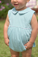 Load image into Gallery viewer, The Bradford Bubble in Turks Teal by the Beaufort Bonnet Company is an enchanting choice for your little boy's spring and summer wardrobe. Crafted from breathable striped teal Pima cotton, it combines comfort with a classic design, ensuring your child looks adorable while staying cool and stylish. Embrace the joy of dressing your little one in timeless elegance!