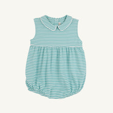 Load image into Gallery viewer, The Bradford Bubble in Turks Teal by the Beaufort Bonnet Company is an enchanting choice for your little boy's spring and summer wardrobe. Crafted from breathable striped teal Pima cotton, it combines comfort with a classic design, ensuring your child looks adorable while staying cool and stylish. Embrace the joy of dressing your little one in timeless elegance!
