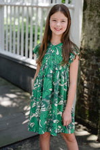 Load image into Gallery viewer, Sweet, playful, and designed for everyday adventures, the Ellen Girls Dress combines comfort with charming feminine details. Featuring soft flutter sleeves, a gently gathered empire waist, and a breezy A-line silhouette, this dress allows for easy movement while maintaining a polished, picture-perfect look. The vibrant vintage-inspired floral print in fresh green tones with soft ivory accents adds a cheerful pop of color, making it perfect for school days, family outings, and special occasions ali