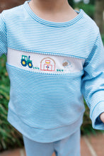 Load image into Gallery viewer, Boys Bayou Plat Set with Farm Embroidery brings timeless comfort and playful style together. The lightweight sweatshirt features crisp mini stripes in blue and white, accented with charming embroidered farm animals across the front. Paired with matching jogger-style pants, this set strikes the perfect balance between cozy and put-together—ideal for everyday wear, playdates, or casual outings.