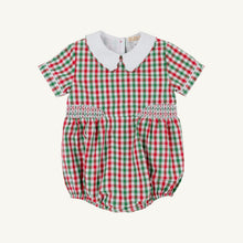 Load image into Gallery viewer, Classic gingham bubble with timeless holiday charm. This infant boy's style features a crisp white peter pan piped collar and delicate side smocking—refined details perfect for Christmas photos and festive celebrations. A wardrobe essential that transitions beautifully from holiday gatherings to special occasions.