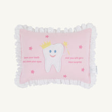 Load image into Gallery viewer, A charming tooth fairy pillow that makes losing a first tooth an exciting milestone. This sweet design features delicate tooth and piping or ruffle details, available in soothing blue or soft pink. Perfect for any nursery or toddler bedroom, it's both a practical keepsake holder and a whimsical décor accent that encourages the magic of the tooth fairy tradition.