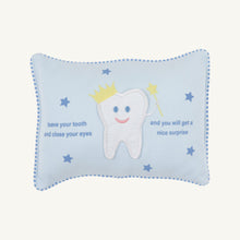 Load image into Gallery viewer, A charming tooth fairy pillow that makes losing a first tooth an exciting milestone. This sweet design features delicate tooth and piping or ruffle details, available in soothing blue or soft pink. Perfect for any nursery or toddler bedroom, it's both a practical keepsake holder and a whimsical décor accent that encourages the magic of the tooth fairy tradition.