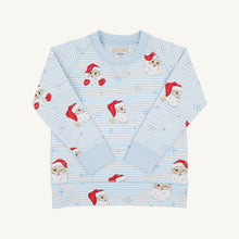 Load image into Gallery viewer, Cozy holiday style meets playful charm in this delightful crewneck sweatshirt. Featuring a jolly Santa print set against classic light blue and white stripes, it's the perfect way to celebrate the season in comfort. Soft and adorable, this piece brings festive magic to everyday wear—ideal for creating those cherished holiday memories.