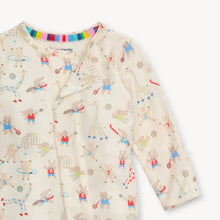 Load image into Gallery viewer, Introducing Furry Field Day Footie Pajamas for infants! These cozy pajamas feature adorable animals playing sports, perfect for your little one. Made by Magnetic Me, they are also easy to put on and take off, making late night diaper changes a breeze. Stay comfy and cute with Furry Field Day Footie Pajamas.