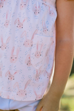 Load image into Gallery viewer, The Hoppy Bloomer Set, made with 100% Pima cotton for ultimate softness and comfort. The charming bunny print and Peter Pan collar add adorable touches, while the front pockets and coordinating blue bloomers offer practicality. Perfect for your little girl to celebrate the upcoming Easter season in comfort and style! Siblings match available in Jon Jon and Dress!