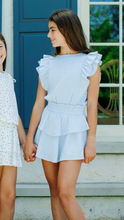 Load image into Gallery viewer, Indulge your tween's fashion sense with the Gigi Dress in Blueberry! This stunning dress features a charming ruffle detail along the shoulders and front, as well as a cinched waist and ruffle skirt for a figure-flattering fit. Perfect for transitioning from Spring to Summer, your fashion-forward tween will love this dress!