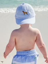Load image into Gallery viewer, Keep your toddler stylish and comfortable with the Toddler Boys Dog Embroidered Seersucker Ball Cap from Wee Ones. Crafted from a breathable cotton/poly blend, this blue seersucker cap features a charming embroidered dog design that adds a playful touch. Ideal for playdates or family outings, it offers both sun protection and a fun way for your little one to express his personality. Durable and lightweight, this cap is a must-have accessory for any active toddler.