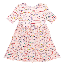 Load image into Gallery viewer, In our Friendship Bracelet Era! This exclusive new print from Pink Chicken, inspired by your favorite superstar, is a must-have for your stylish kiddos. This nostalgic print highlights positive messaging such as kindness, happiness and friendship - and is the perfect dress for class, a playdate, but most of all, your next concert. The classic Steph Dress silhouette is loved for its super swingy fully gathered skirt and skinny sleeve that hits right above the elbow. The soft and silky bamboo fabric is best k