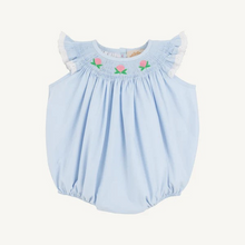 Load image into Gallery viewer, An enchanting classic for your little one! The Bridget Bubble in Buckhead Blue with Hydrangea Smocking creates a sweet silhouette perfect for spring days and special occasions. Crafted with quality construction and attention to detail, this bubble is designed for style that will last all season long.