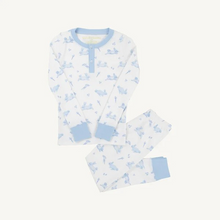 Load image into Gallery viewer, Sutton's Sweet Dream Set in Lindon Hill Hops with Beale Street Blue is the two-piece pajama set that makes bedtime absolutely precious! This charming set features our delightful bunny print on soft, comfortable fabric that's perfect for sweet dreams and cozy mornings. Designed with timeless style and quality craftsmanship, this is the sleepwear that brings joy and cuteness to every nighttime routine!