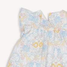Load image into Gallery viewer, The Magnetic Me Nikki Menagerie Flutter Sleeve Dress combines charming floral and safari prints with practical design. Its empire waist and flowy silhouette create a stylish look perfect for little fashionistas. Made from 100% organic cotton, this dress is soft, durable, and gentle on the skin. Magnetic closures simplify dressing, making it easy to pull over the head without fuss. Ideal for both special occasions and everyday adventures, this dress offers comfort and convenience in one beautiful package.