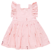Load image into Gallery viewer, First Position! Tiny dancers effortlessly pirouette, leap and arabesque across a super soft, ballet-pink, 100% cotton double cloth gauze on our Girl Elsie Dress in Ballerina Embroidery. This flock favorite shape features delicate details including a flattering square neckline, fluttery ruffled sleeves, a swingy full skirt and a sparkly glitter button back closure. 
