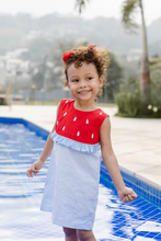 Load image into Gallery viewer, This irresistible Toddler Girl's Hayden Watermelon Dress from Zuccini Kids showcases a classic blue and white check pattern, beautifully complemented by a charming watermelon embroidered and detailed with a ruffle. Perfect for summer outings, family photos, or special occasions, this adorable dress will keep your little one looking stylish while staying comfortable in the warm weather. Don't miss the chance to dress your little one in this season's most delightful summer essential! Sibling matches available