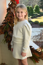 Load image into Gallery viewer, The Peyton Sweater in Snowflake Sparkle is a charming puff-sleeve sweatshirt designed for tweens, featuring a soft glittery thread that adds a subtle shine. Its cozy yet stylish design makes it perfect for pairing with a tiered skirt or the matching Libba Sweater Skirt, creating a dazzling outfit that’s both comfortable and eye-catching.