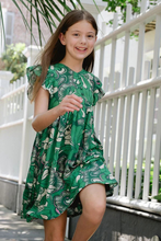 Load image into Gallery viewer, Sweet, playful, and designed for everyday adventures, the Ellen Girls Dress combines comfort with charming feminine details. Featuring soft flutter sleeves, a gently gathered empire waist, and a breezy A-line silhouette, this dress allows for easy movement while maintaining a polished, picture-perfect look. The vibrant vintage-inspired floral print in fresh green tones with soft ivory accents adds a cheerful pop of color, making it perfect for school days, family outings, and special occasions ali