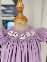 Load image into Gallery viewer, Wrap your little one in Cape Point Clothing Co.’s Spooky Ghosts Girl Long Bubble—a cozy purple corduroy delight bursting with playful ghost smocking and pink ric rac accents. This charming, long bubble design brings festive fun and comfort to every tiny adventure!

 
