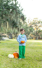 Load image into Gallery viewer, The Tractor Trail Pant Set by Trotter Street Kids brings autumn adventures to life with a charming striped tee featuring playful tractor and pumpkin appliqués, paired with cozy green pants—perfect for your toddler’s pumpkin patch days filled with comfort and fun!
