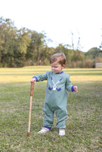 Load image into Gallery viewer, Trotter Street Kids’ Golf Appliqué Romper blends cozy autumn comfort with playful charm. Its green and blue stripes, accented by delightful golf appliqués, make it an ideal choice for little ones in golf-loving families to wear with pride and joy.
