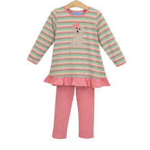 Load image into Gallery viewer, Puppy Ruffle Pant Set by Trotter Street Kids brings joyful charm to your toddler’s wardrobe. The multicolored striped top with playful ruffles and a sweet puppy appliqué pairs beautifully with soft peachy pants, creating a delightful outfit that captures the spirit of childhood adventure and fun.
