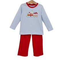 Load image into Gallery viewer, Celebrate the magic of the season with the Gingerbread Train Pant Set by Trotter Street Kids. The cozy blue and white striped tee, featuring a charming gingerbread train appliqué and vibrant red accents, pairs perfectly with bright red pants—bringing holiday joy to your toddler’s wardrobe!

