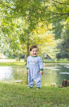 Load image into Gallery viewer, Dress your little explorer in the Mallard Trio Romper, where soft, breathable striped fabric meets playful mallard appliqués and vibrant green piping. Its loose fit invites endless movement, making every fall adventure cozy, comfortable, and full of joy!
