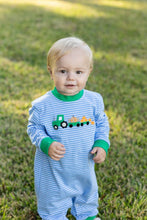 Load image into Gallery viewer, Dress your little one in the Tractor Trail Romper by Trotter Street Kids, where cozy stripes meet playful tractor and pumpkin details. This charming romper, with its soft green accents, keeps your infant warm and adorable on every crisp fall day!
