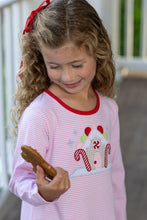 Load image into Gallery viewer, Celebrate the magic of the season with the Gingerbread House Pant Set by Trotter Street Kids. The cozy pink and white knit tee, featuring a charming gingerbread house appliqué, pairs perfectly with soft red leggings—comfort and festive style wrapped into one delightful outfit!
