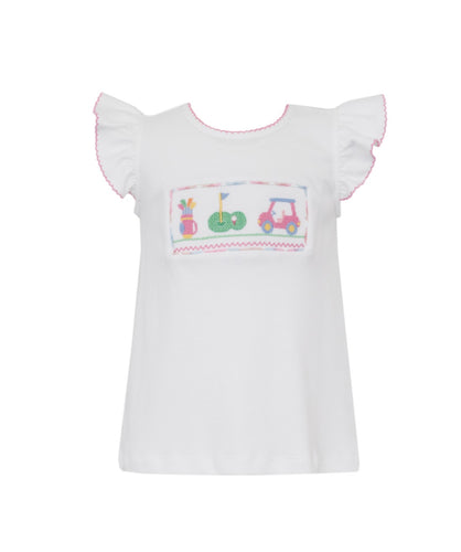 Elevate your little girl's wardrobe with Anavini's Girl's Golf Knit Tee Short Set. The white ruffle sleeve tee boasts charming golf smocking, while the pink and blue gingham shorts add a touch of timeless style. Bring comfort and adorable style to the course with this set.